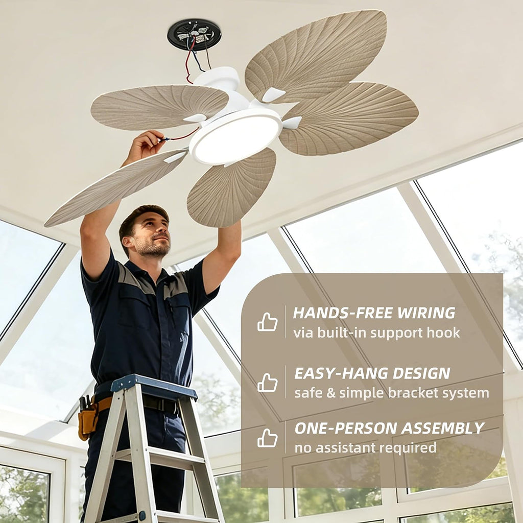 52 Inch Flush Mount Ceiling Fan with Light and Remote, Low Profile Hugger Ceiling Fan with Boho Palm Leaf Blades, Quiet DC Motor, Dimmable LED, for Bedroom, Living Room, Covered Patio