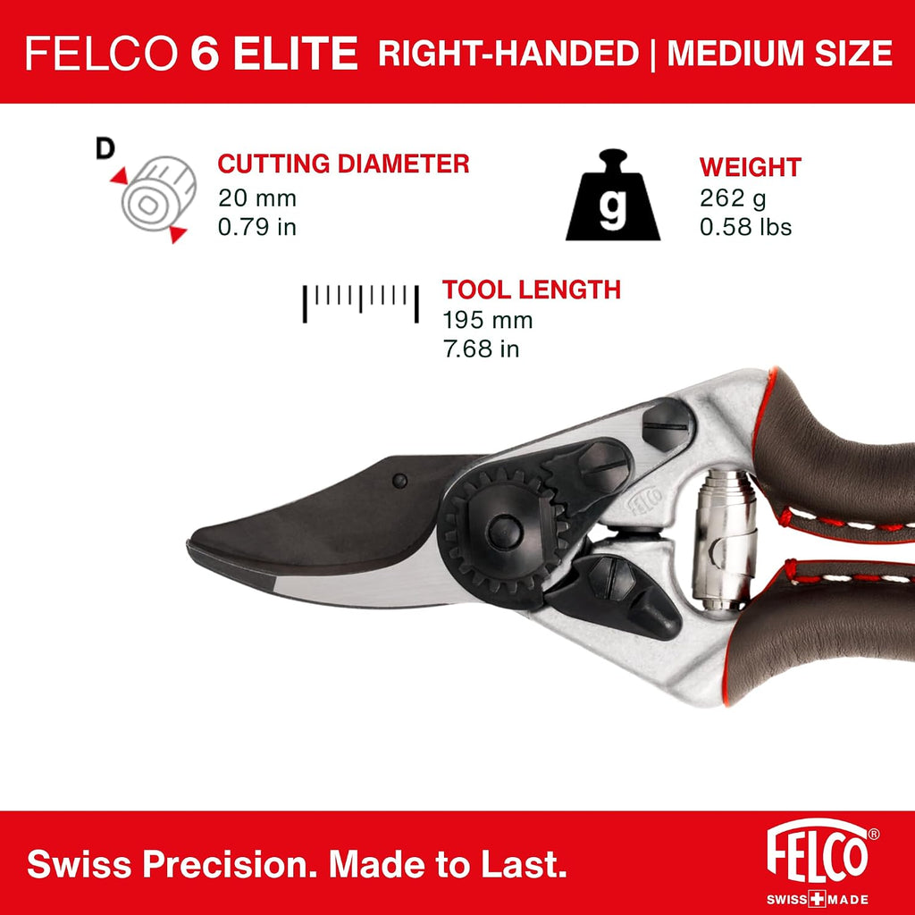 FELCO 6 ELITE Pruning Shears – 7.7' Swiss-Made Garden Clippers with Leather-Wrapped Handle for Medium Right Hands | Hand Pruners for Gardening | Garden Tool Cutter with Bypass Blade, Aluminum Body