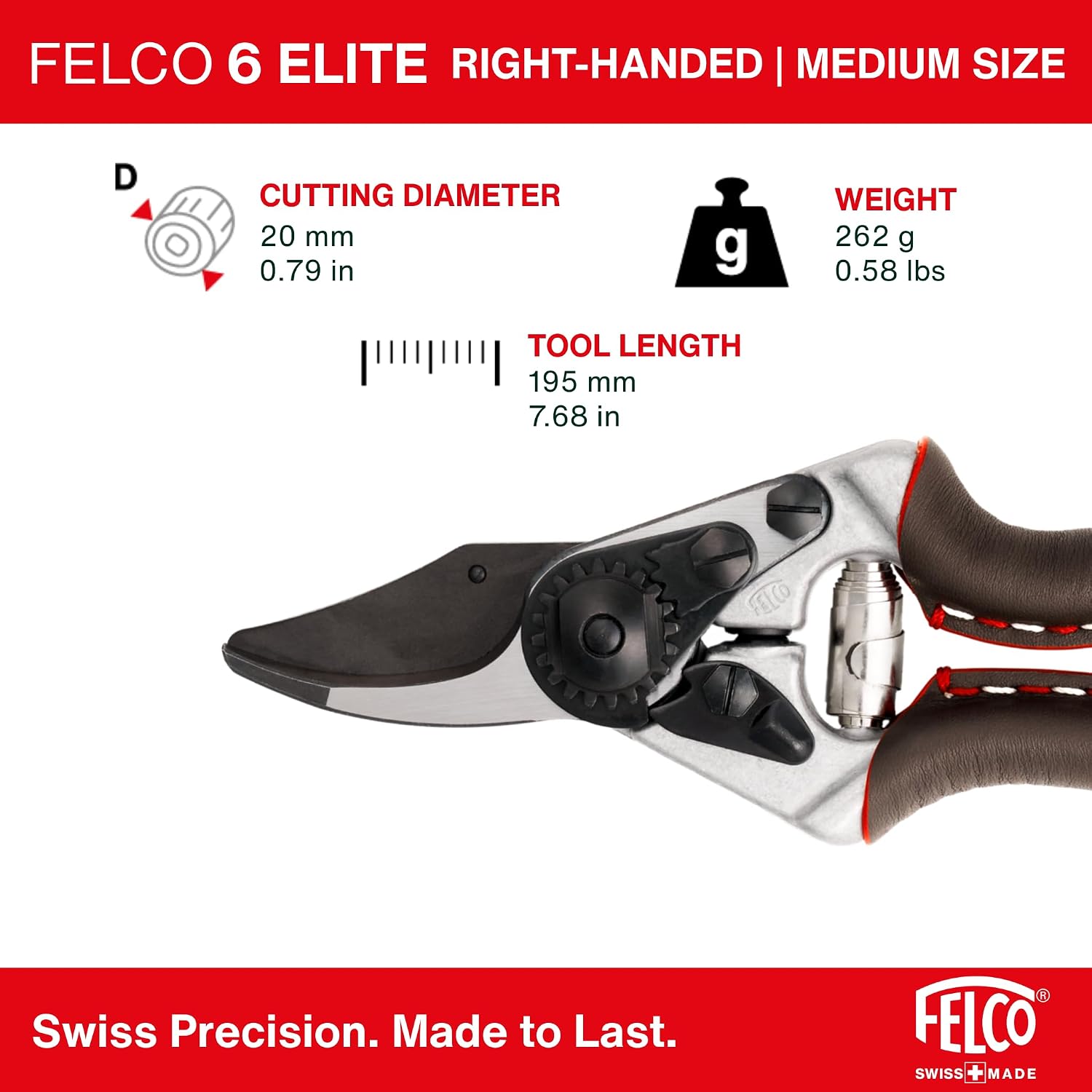FELCO 6 ELITE Pruning Shears – 7.7' Swiss-Made Garden Clippers with Leather-Wrapped Handle for Medium Right Hands | Hand Pruners for Gardening | Garden Tool Cutter with Bypass Blade, Aluminum Body
