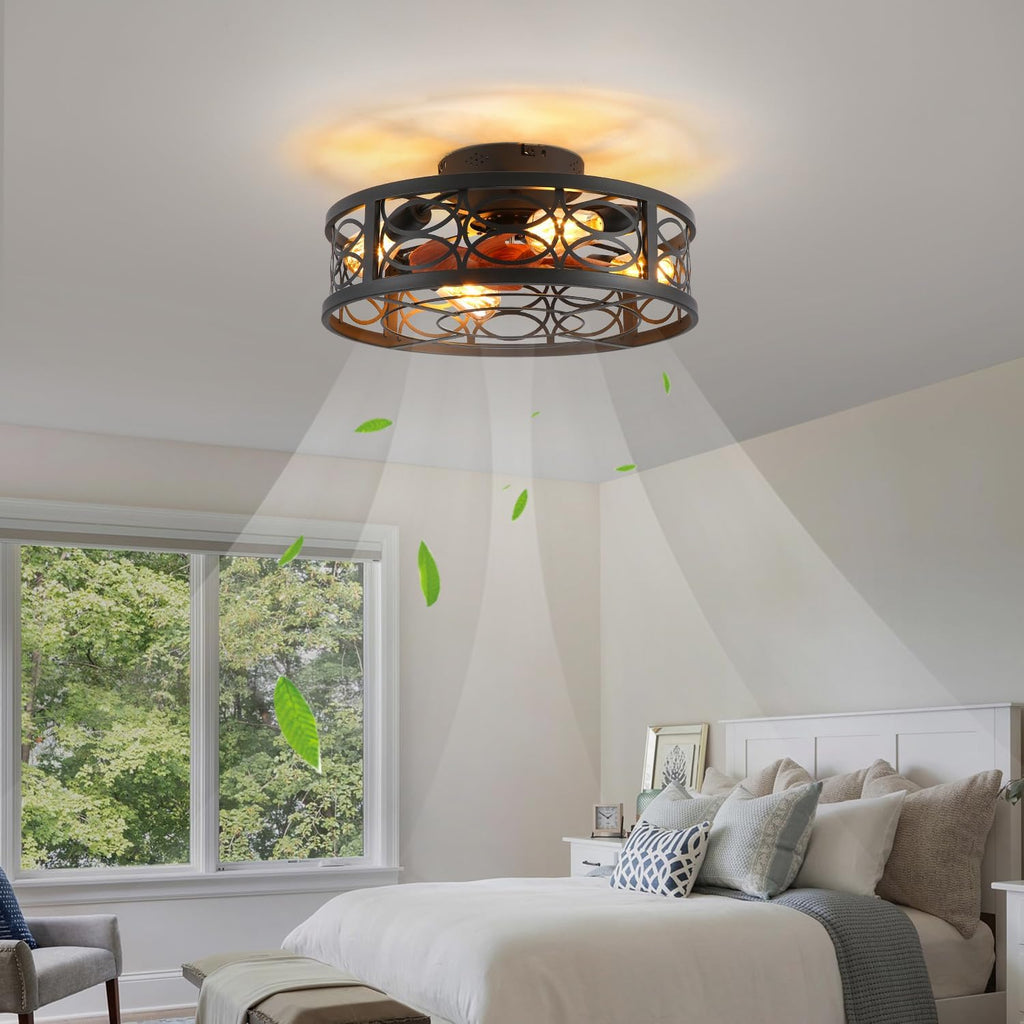 20' Caged Ceiling Fan with Light and Remote，Bladeless Ceiling Fan 6 Speed Reversible with 4 Bulbs and Remote Control.Low Profile Ceiling Fans with Lights for Bedroom, Dining Room