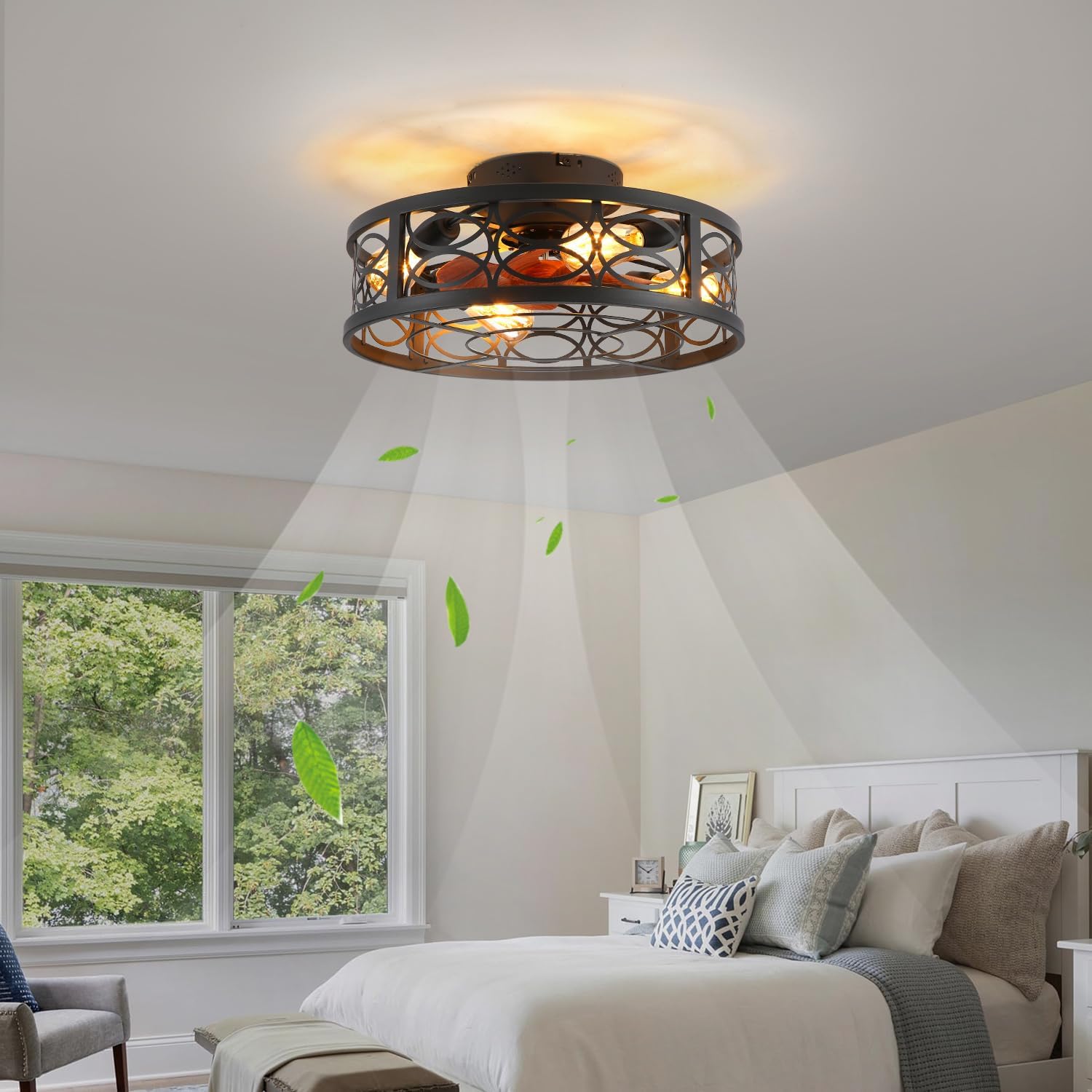 20' Caged Ceiling Fan with Light and Remote，Bladeless Ceiling Fan 6 Speed Reversible with 4 Bulbs and Remote Control.Low Profile Ceiling Fans with Lights for Bedroom, Dining Room