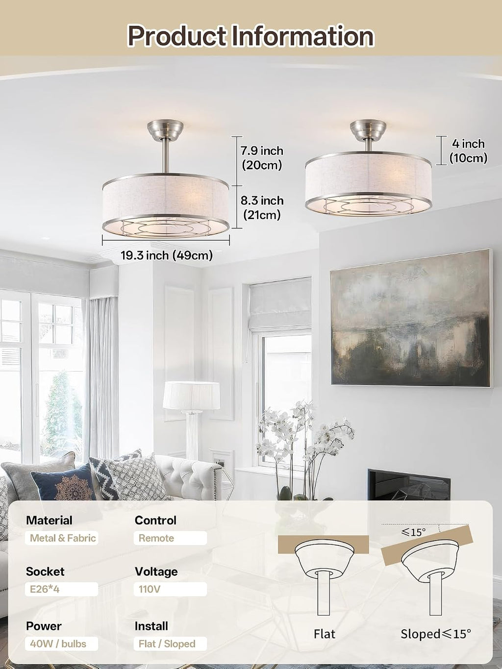 20' Sliver Caged Boho Fandelier Ceiling Fan with Light & Remote Control - Bladeless Chandelier Fan, 6 Speed Quiet Reversible Motor for Bedroom, Nursery, Living Room