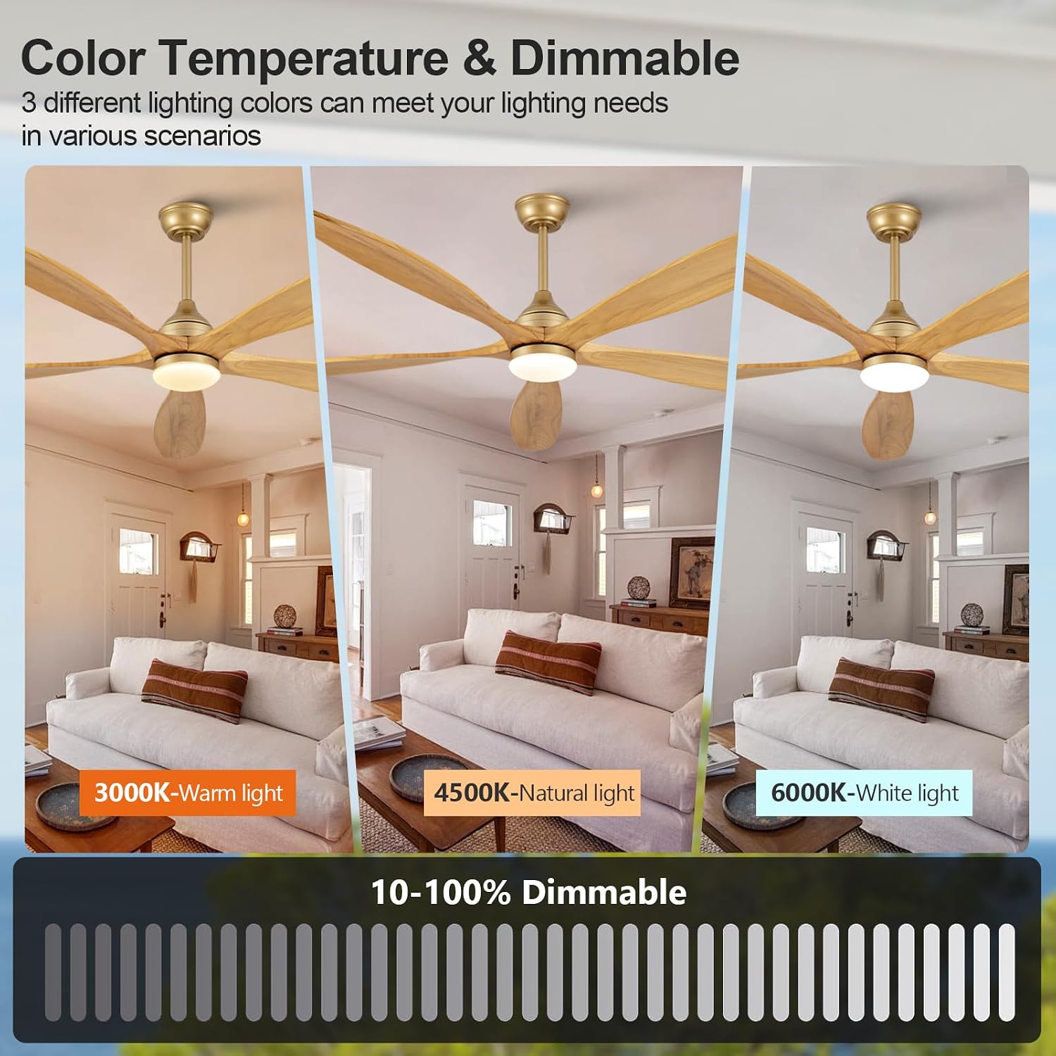 Dimmable 60 Inch Large Outdoor Ceiling Fan with Light and Remote, Wood Big Ceiling Fans with Lights and Remote Gold 5 Blade Outdoor Ceiling Fans for Patios Bedroom Living Room, 6 Speed DC Motor