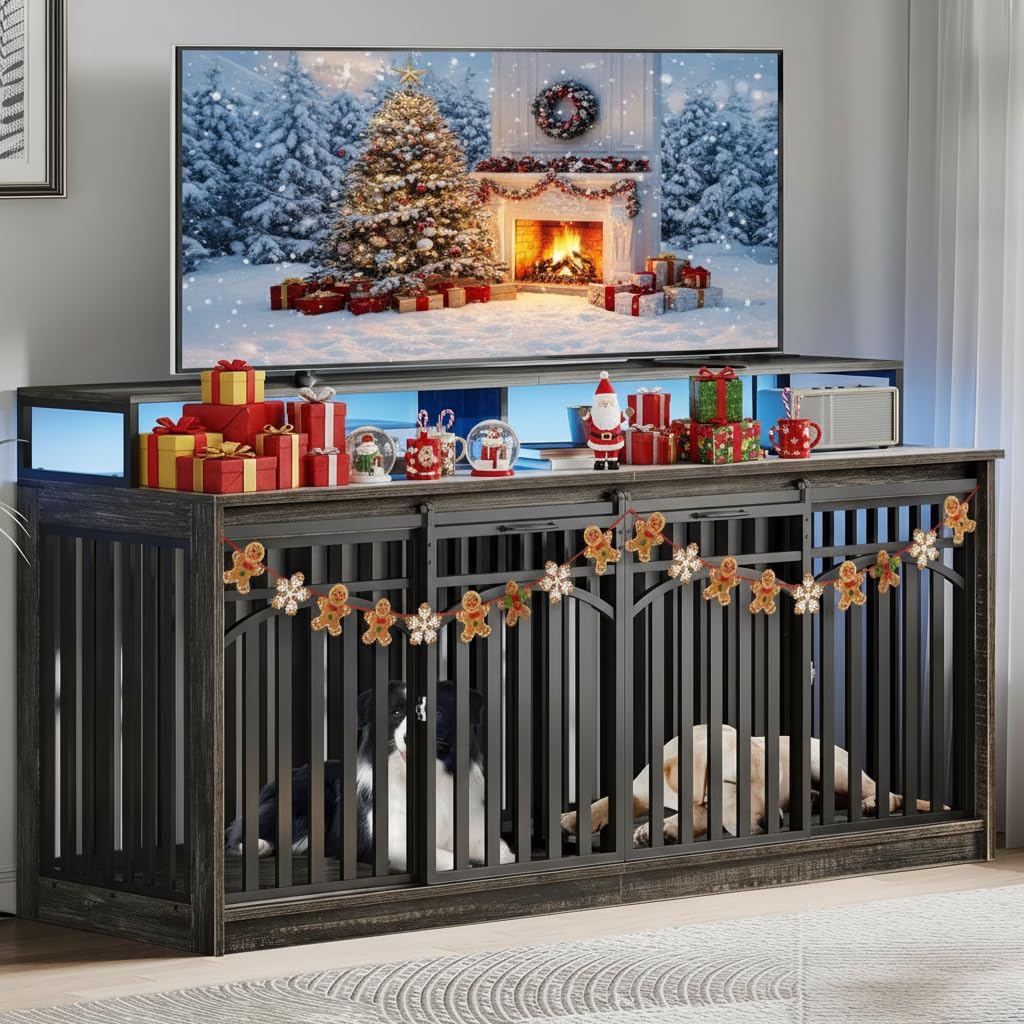 DWVO 71' Double Dog Crate Furniture with LED Light & Power Outlets, Heavy Duty Dual Dog Kennel TV Stand w Storage Shelves Sliding Doors, Wooden Two Dog Cage Table 2 Medium Large Dogs, Black Oak