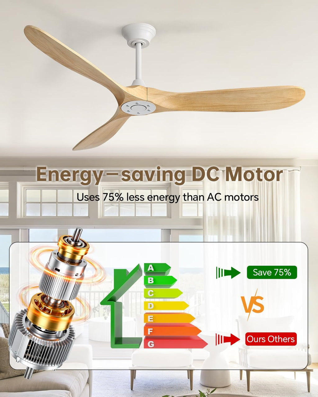 Sofucor 60 Inch Smart Ceiling Fans No Lights-Outdoor Modern Smart Ceiling Fan with Alexa/Google/APP/Remote Control, Reversible Quiet DC Motor, Wood Blades Ceiling Fan for Living Room/Bedroom/Patios