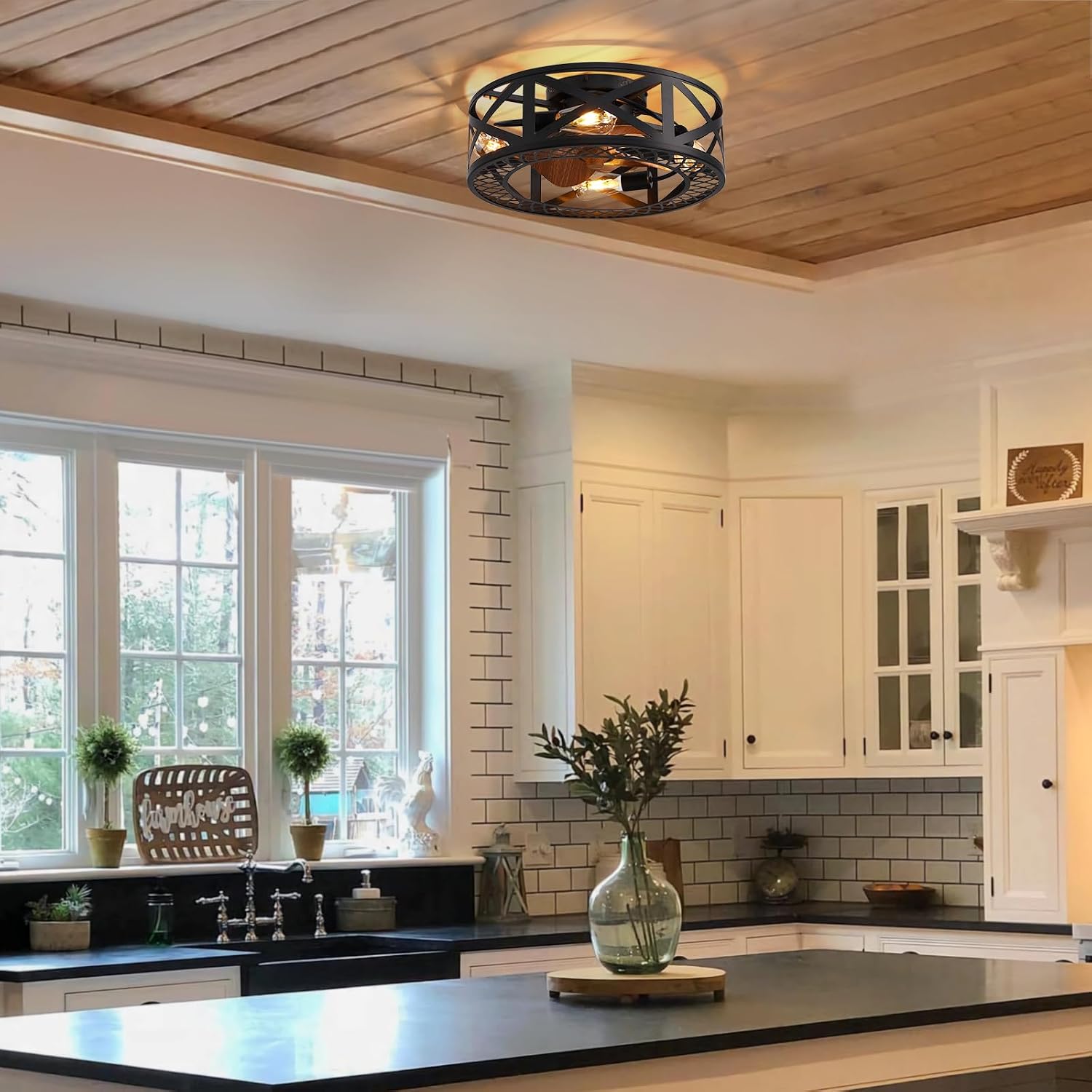 20' Caged Ceiling Fans with Lights, Modern Dimmable Flush Mount Ceiling Fan with Lights Remote, Black Low Profile Ceiling Fan for Bedroom, Kitchen,6 Speed Reversible