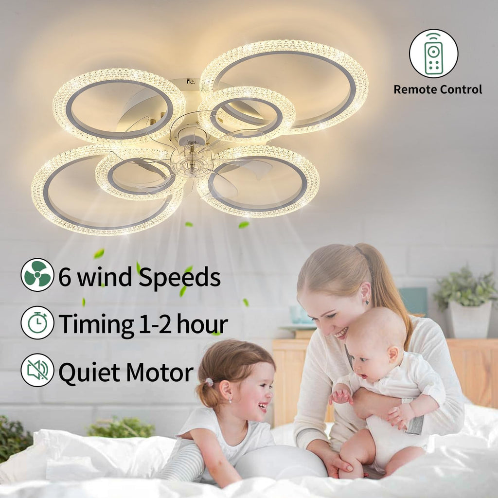 Yfrest Ceiling Fan with Light and Remote, White Low Profile Ceiling Fans with Lights, Flush Mount Ceiling Fan with 3 Light Color 6 Speeds, 35Inch Fandelier Ceiling Fan for Kitchen Living Room 6-Ring