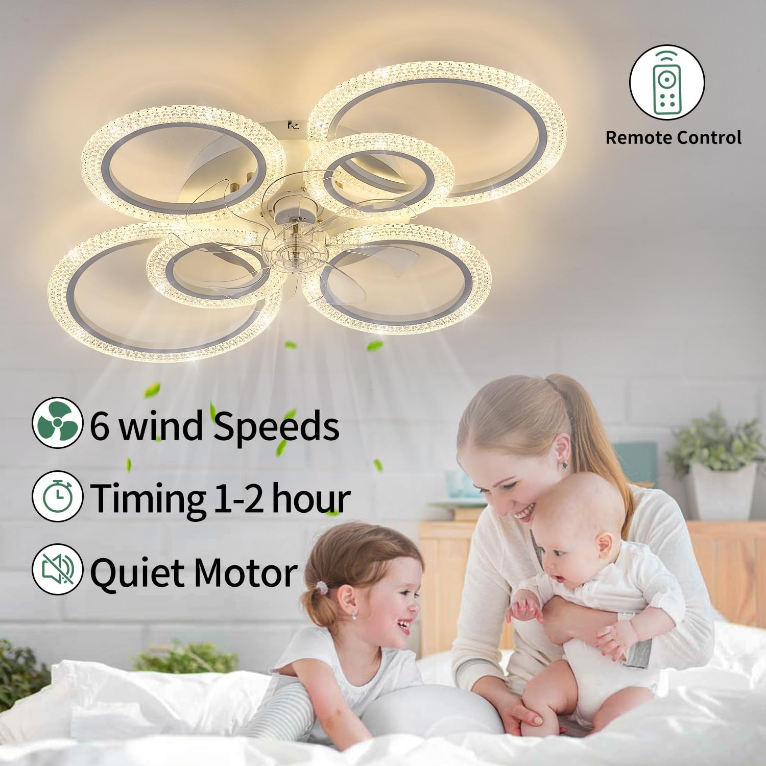 Yfrest Ceiling Fan with Light and Remote, White Low Profile Ceiling Fans with Lights, Flush Mount Ceiling Fan with 3 Light Color 6 Speeds, 35Inch Fandelier Ceiling Fan for Kitchen Living Room 6-Ring