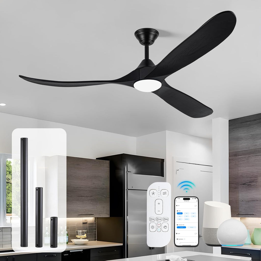 70 Inch Smart Outdoor Ceiling Fans for Patios with Light, Large Black Modern Low Profile Ceiling Fan with Remote Control, 3 Blade Wood Propeller Dc Ceiling Fan for Indoor Outside Porch Gazebo