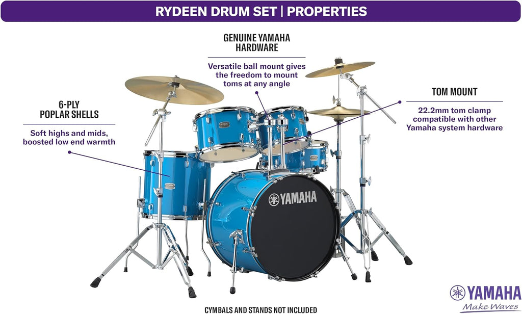 Yamaha Rydeen 5-Piece Drum Set With 20' Bass Drum, Floor Tom, 2 Toms With Ball Clamp And Wood Snare Drum, Sky Blue