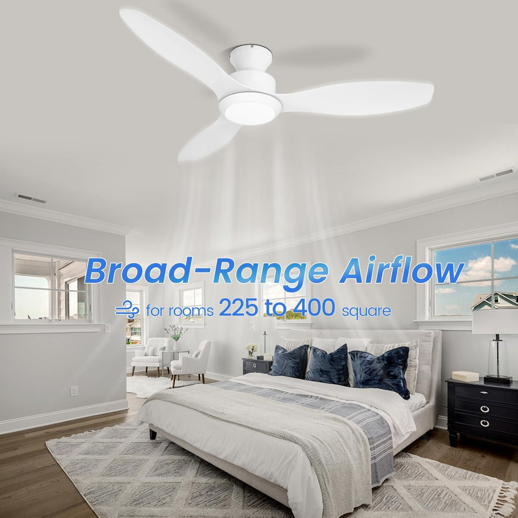 48 inch Ceiling Fan with Light and Remote, White Flush Mount Ceiling Fan with 3 Blades,3 Color Dimmable Lights, 6 Speeds, Queit DC Motor, for Bedroom/Outdoor/Patios, White