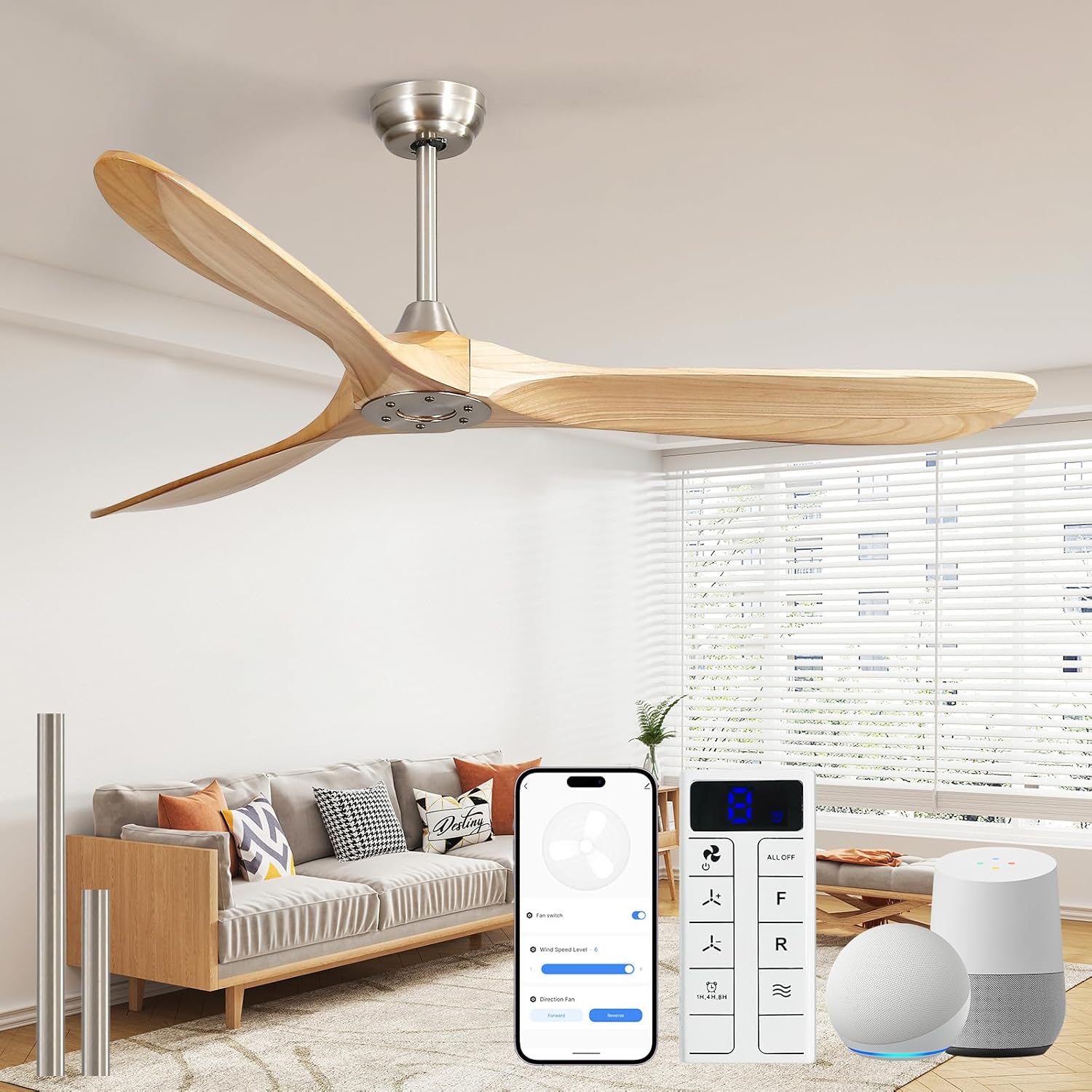 Sofucor 60 Inch Smart Ceiling Fans No Lights-Outdoor Modern Smart Ceiling Fan with Alexa/Google/APP/Remote Control, Reversible Quiet DC Motor,Wood Blade Ceiling Fan for Bedroom/Living Room/Patios