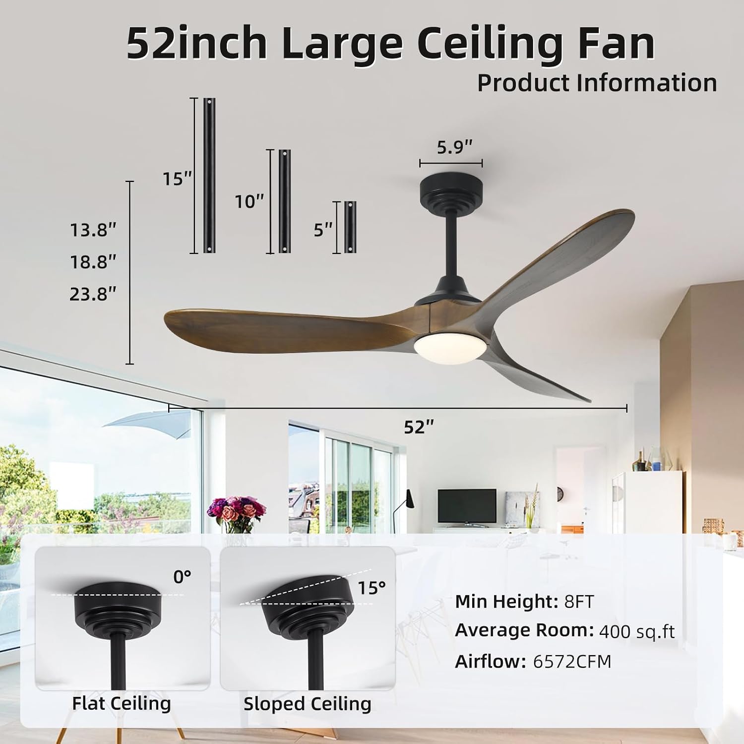 52' Outdoor Ceiling Fan with Light, Compatible with Alexa/Google, 3 Walnut Solid Wood Blade, Noiseless Reversible Dc Motor, Smart Outdoor Wood Ceiling Fan for Farmhouse Patios, Bronze
