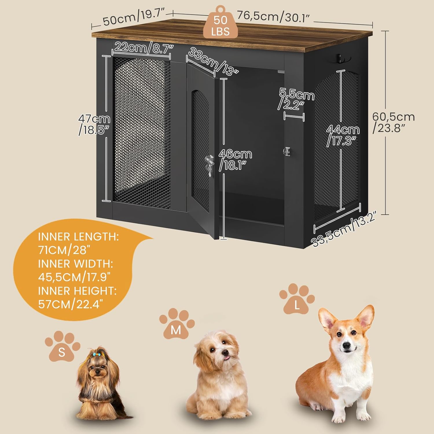 CHOEZON Wooden 30.1' Dog Crate Furniture, Farmhouse Pet Cage End Table with Secure Lock, Ventilated Mesh for Medium Dogs, Dog Kennel Furniture for Living Room, Bedroom, Black and Walnut MGW02BL