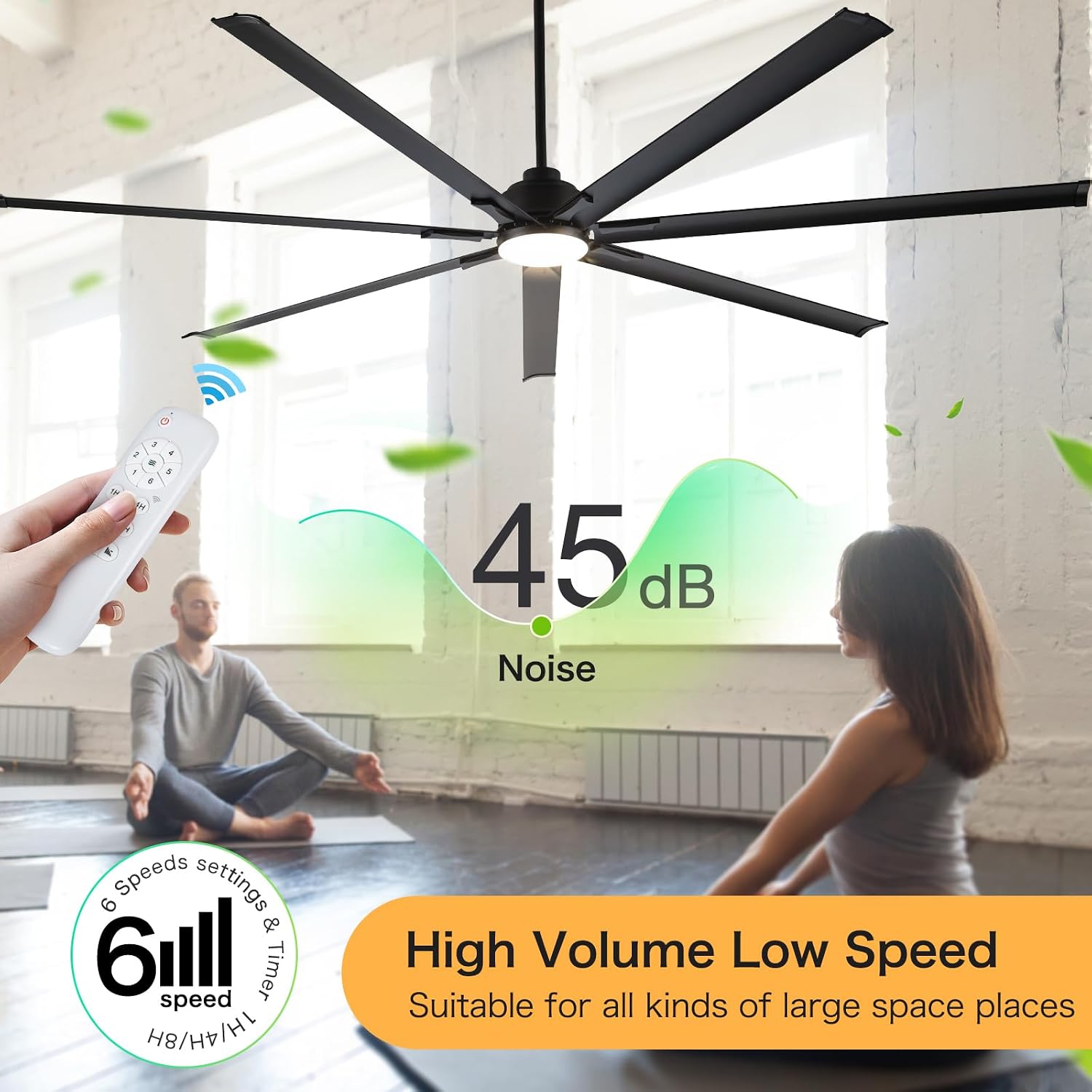 Minislak 96' Industrial & Commercial HVLS 7 Black Aluminum Blades Ceiling Fan with Light and Compatible Alexa,High CFM Brushless Motor,6-Speed,Indoor Outdoor Ceiling Fan for Patio,Garage,Shop,Library
