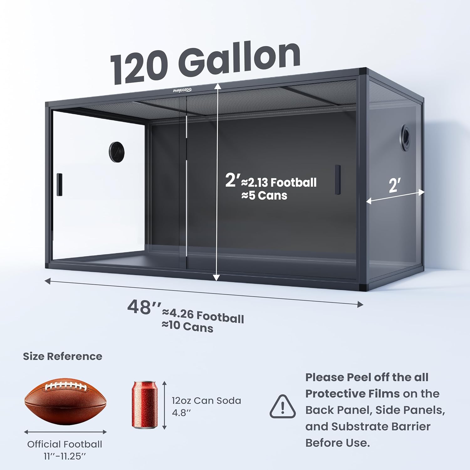 Phailozoo 120 Gallon Bearded Dragon Tank,48' x 24' x 24' Reptile Tank with Sliding Door Top Screen Ventilation, Front Opening Reptile Enclosure for Easy Maintenance