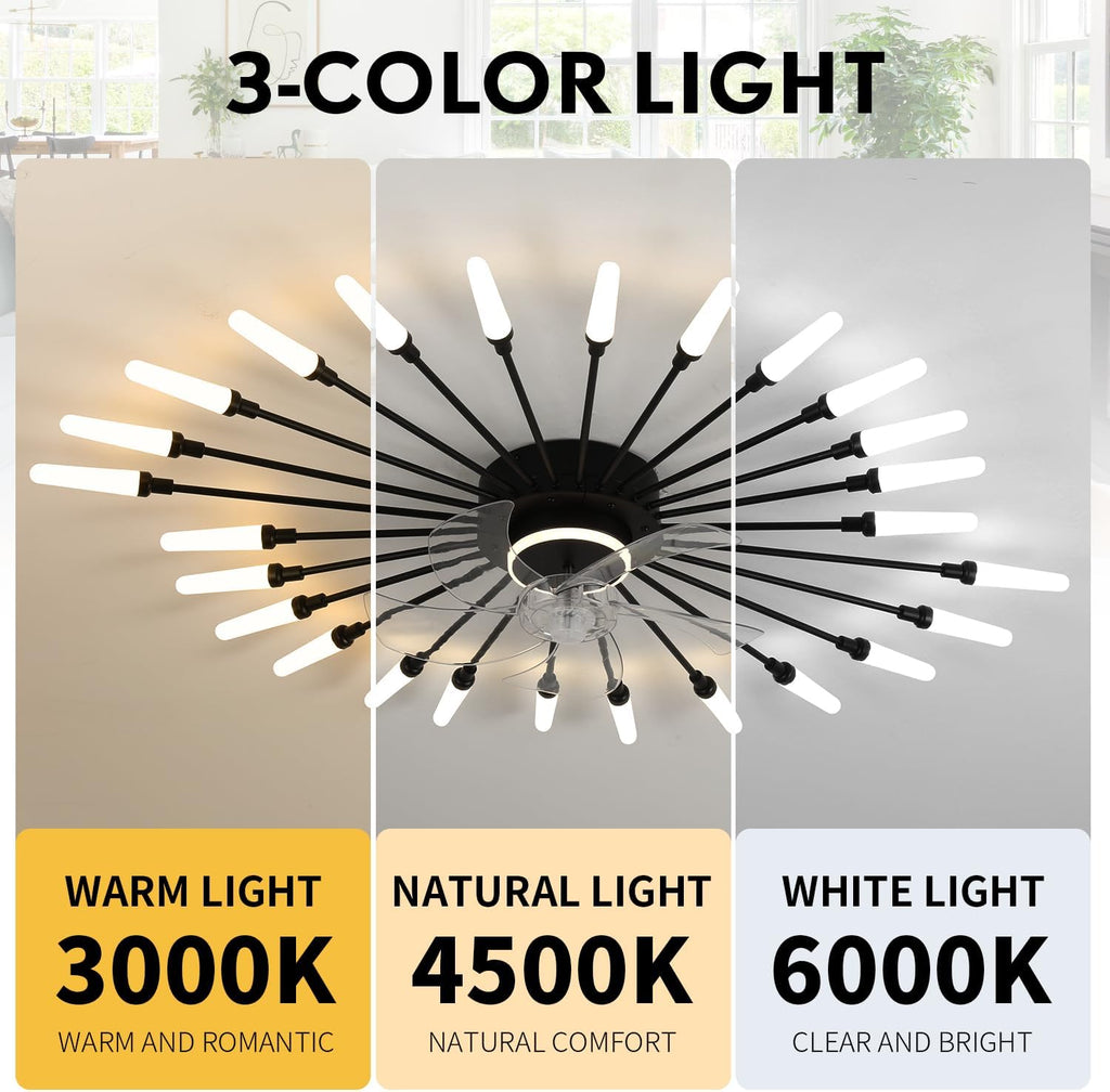 39' Modern Ceiling Fan with Lights,3-Color Dimmable LED, Low Profile Ceiling Fans with 6-Speed Quiet Motor,Flush Mount Ceiling Fan and Remote Control for Living Room,Dining Room,Bedroom