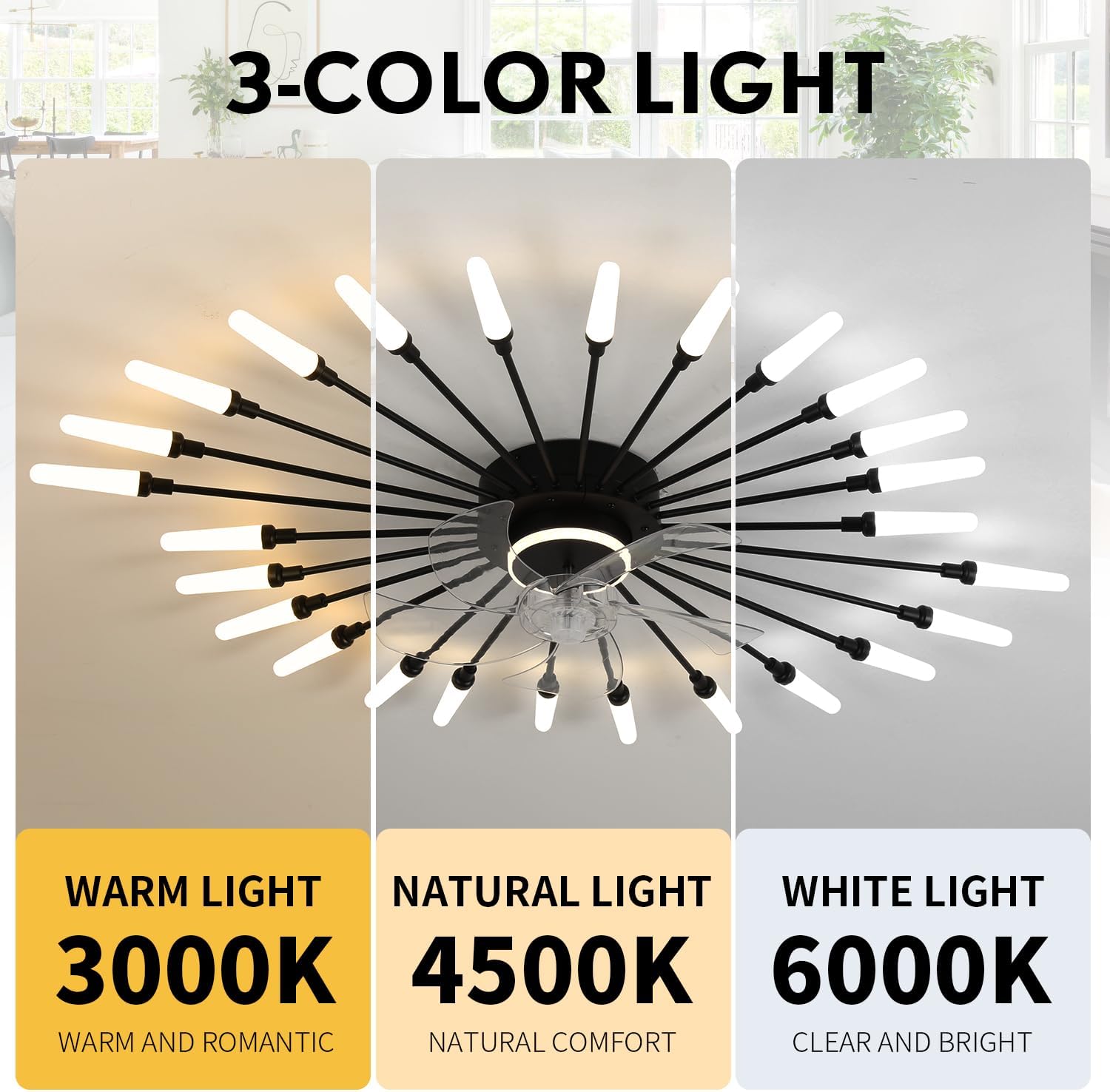 39' Modern Ceiling Fan with Lights,3-Color Dimmable LED, Low Profile Ceiling Fans with 6-Speed Quiet Motor,Flush Mount Ceiling Fan and Remote Control for Living Room,Dining Room,Bedroom