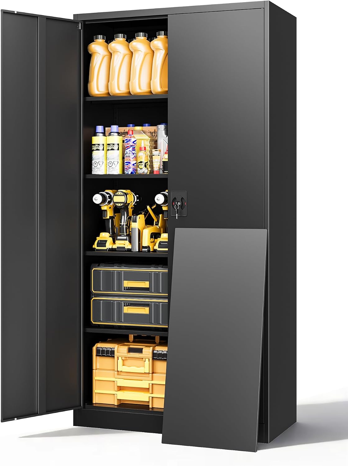 Metal Storage Cabinet with Locking Doors, Tall Cabinets for Home, Office, Warehouse Organizer (Black)