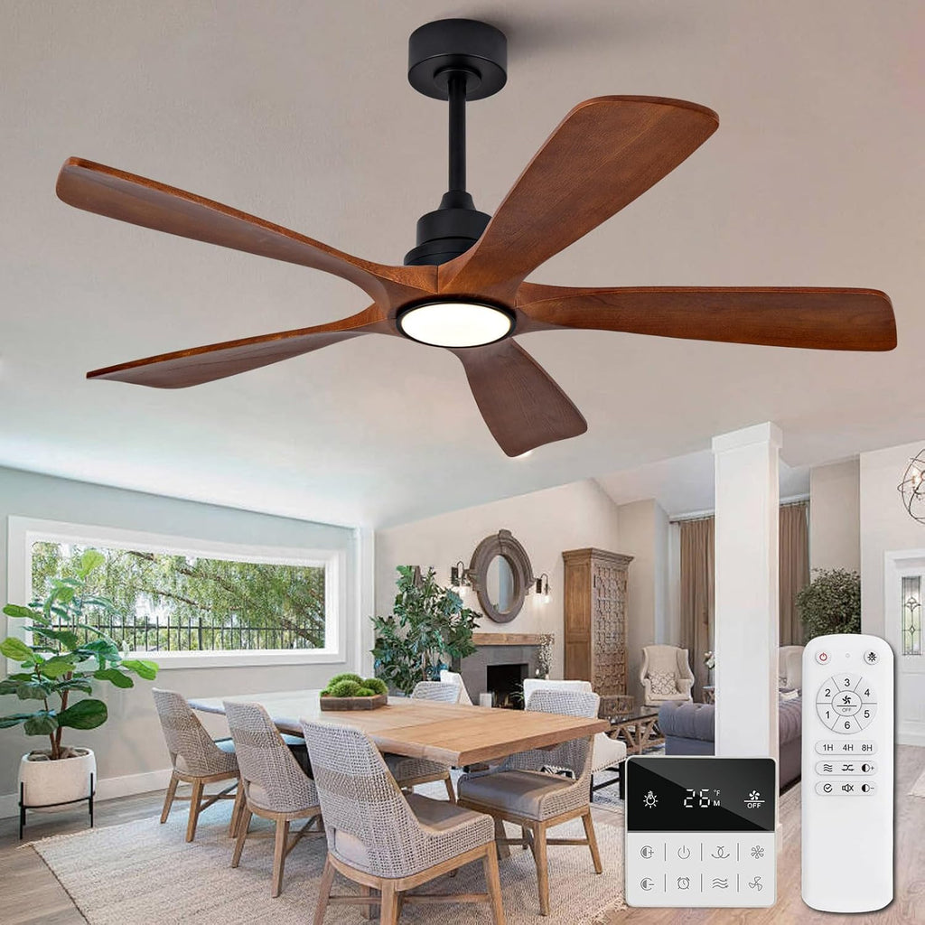52 Inch Modern Ceiling Fans with Lights and Remote, 5 Blade Wood Ceiling Fan with Light, Wall Switch, Dimmable, Memory Function, Quiet DC Motor, Indoor Outdoor Ceiling Fan for Patio Living Room