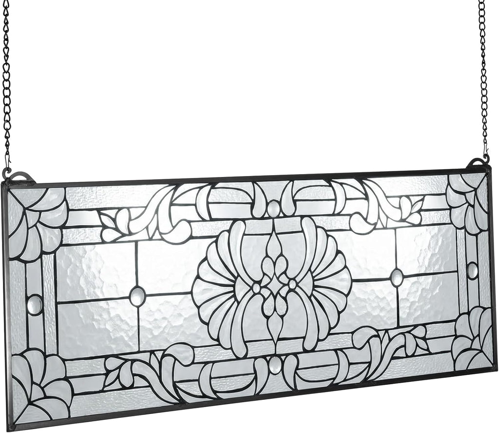 VEVOR Stained Glass Window Panel, 35.2' x 13' Tiffany Style Hanging Transom Window Panel with Chain, Large Horizontal Rectangle Stain Glass, Vintage Traditional Art Handcrafts for Kitchen Home Decor