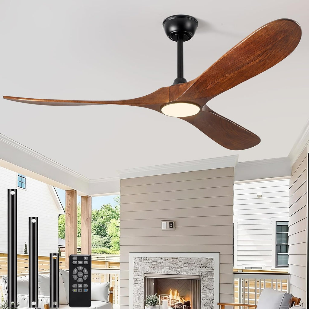 60' Ceiling Fan with Light and Remote, 6-Speed Dimmable Outdoor Ceiling Fan, High CFM Quiet 3 Blade Wood Ceiling Fan, Puoyro Modern Propeller Ceiling Fan for Outdoor Indoor Living Patio Porch (Walnut)