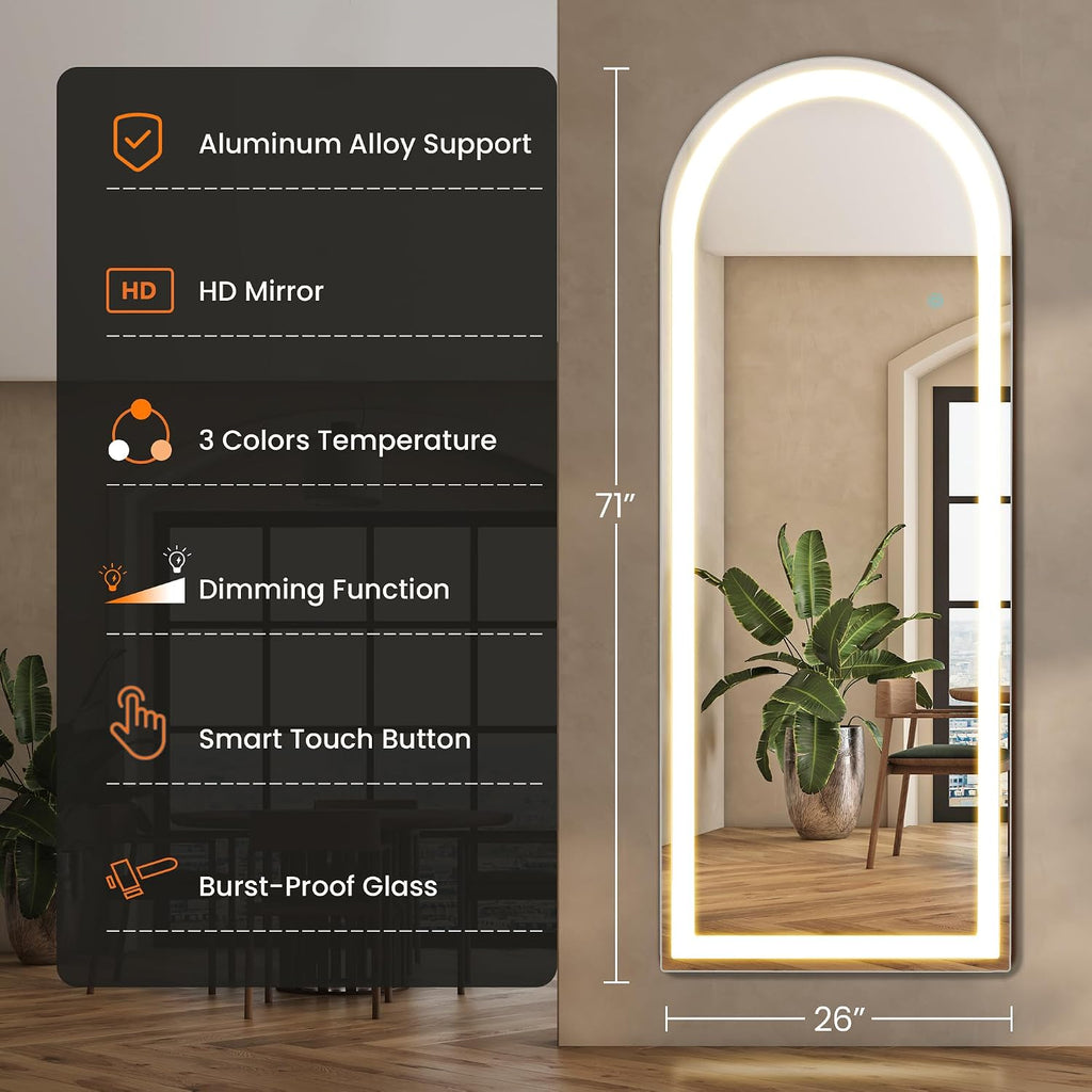 Elevon Full Length Mirror with LED Lights, 71'x26' Floor Mirror with Dimming & 3 Color Lighting, Led Mirrors Full Length with Stand for Bedroom, Dressing Room, Arched
