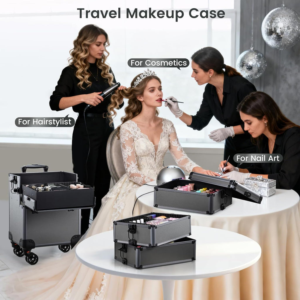 Yueieoun 5 in 1 Makeup Train Case, Cosmetology Case on Wheels Travel Make up Case Rolling Nail Cart Makeup Organizer Cosmetic Storage Box Cases Extra Large Trolley Truck, 360° Swivel Wheels, Ashy Grey