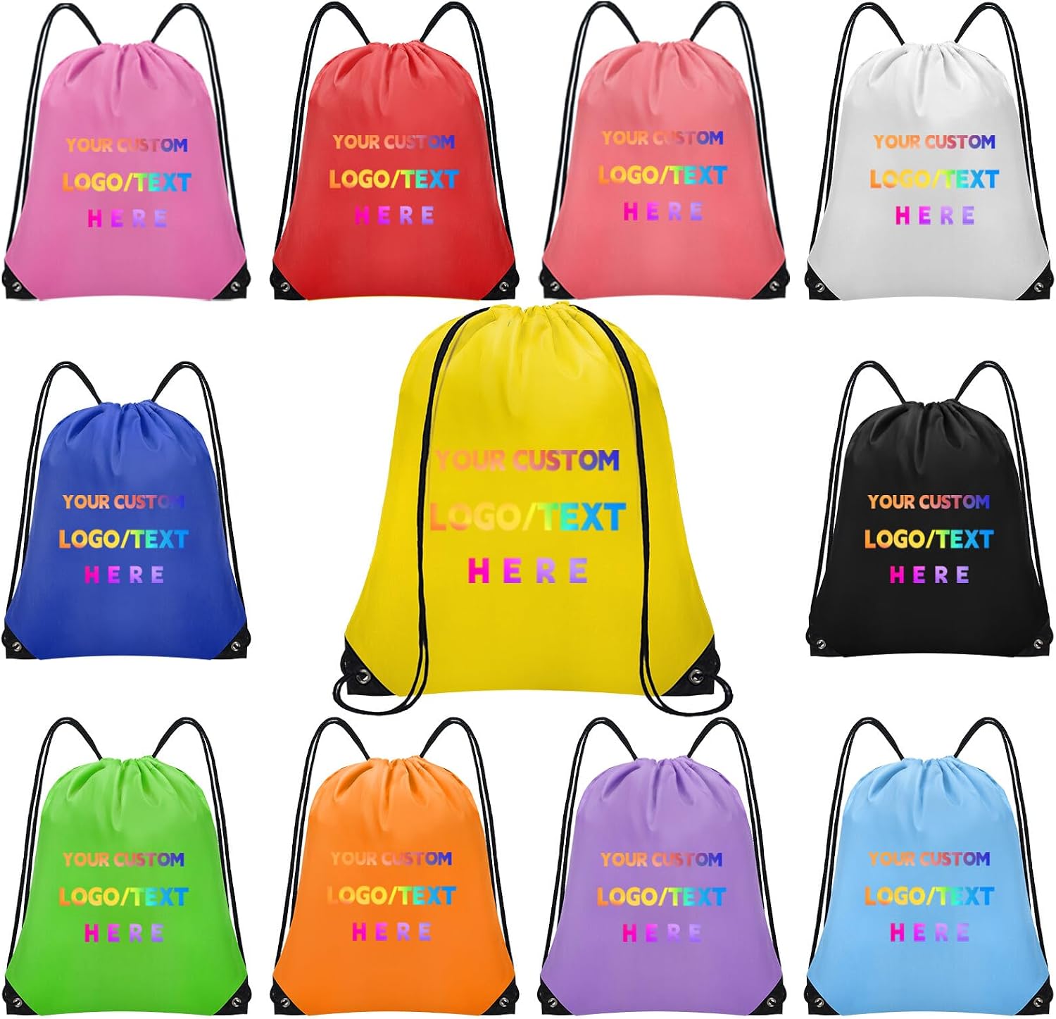 Grneric 100 Pcs Custom Drawstring Bags, Bulk Personalized Backpacks Promotional Item with Your Logo for Gym, Team Activities, Yellow
