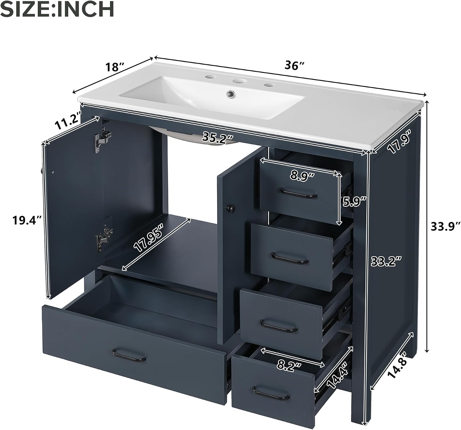 LUMISOL 36 Inch Bathroom Vanity with Sink, Freestanding Bathroom Cabinet with Ceramic Sink, Modern Single Vanity with Soft Close Doors & Drawers for Guest Bath, Master Suite, Rental, Blue