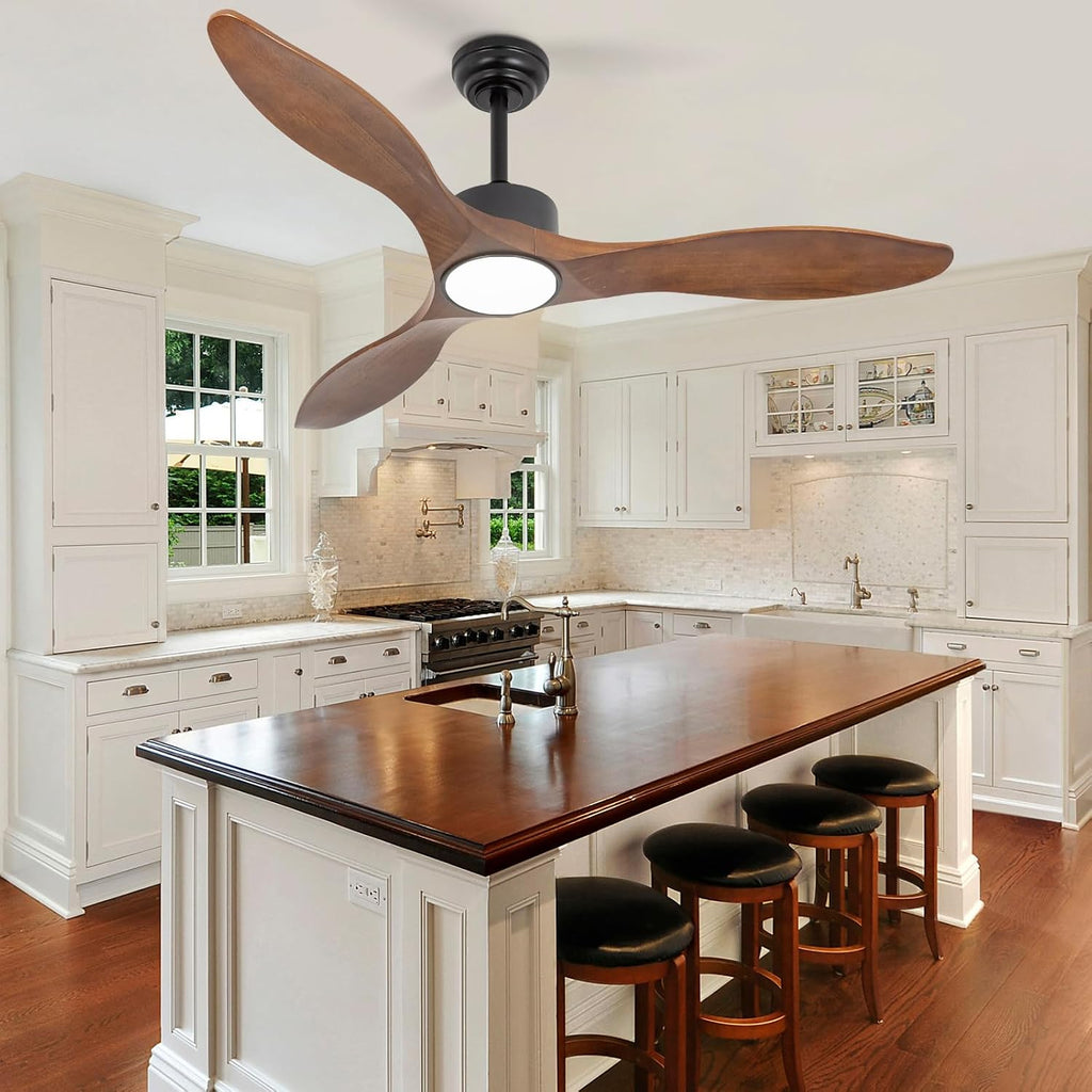 52 Inch Brown Wood Ceiling Fan with Light and Remote, 6 Speed and Reversible DC Motor, 3 Blade Low Profile Flush Mount Mordern Wood Ceiling Fans for Living Room Bedroom Outdoor Patio