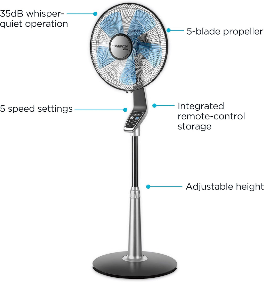 Rowenta Pedestal Fan, 53 Inches, Ultra Quiet Oscillating Fan for Bedroom, Portable, 5 Speeds, Refresh Up to 23-Feet, Silver, Indoor, VU5670