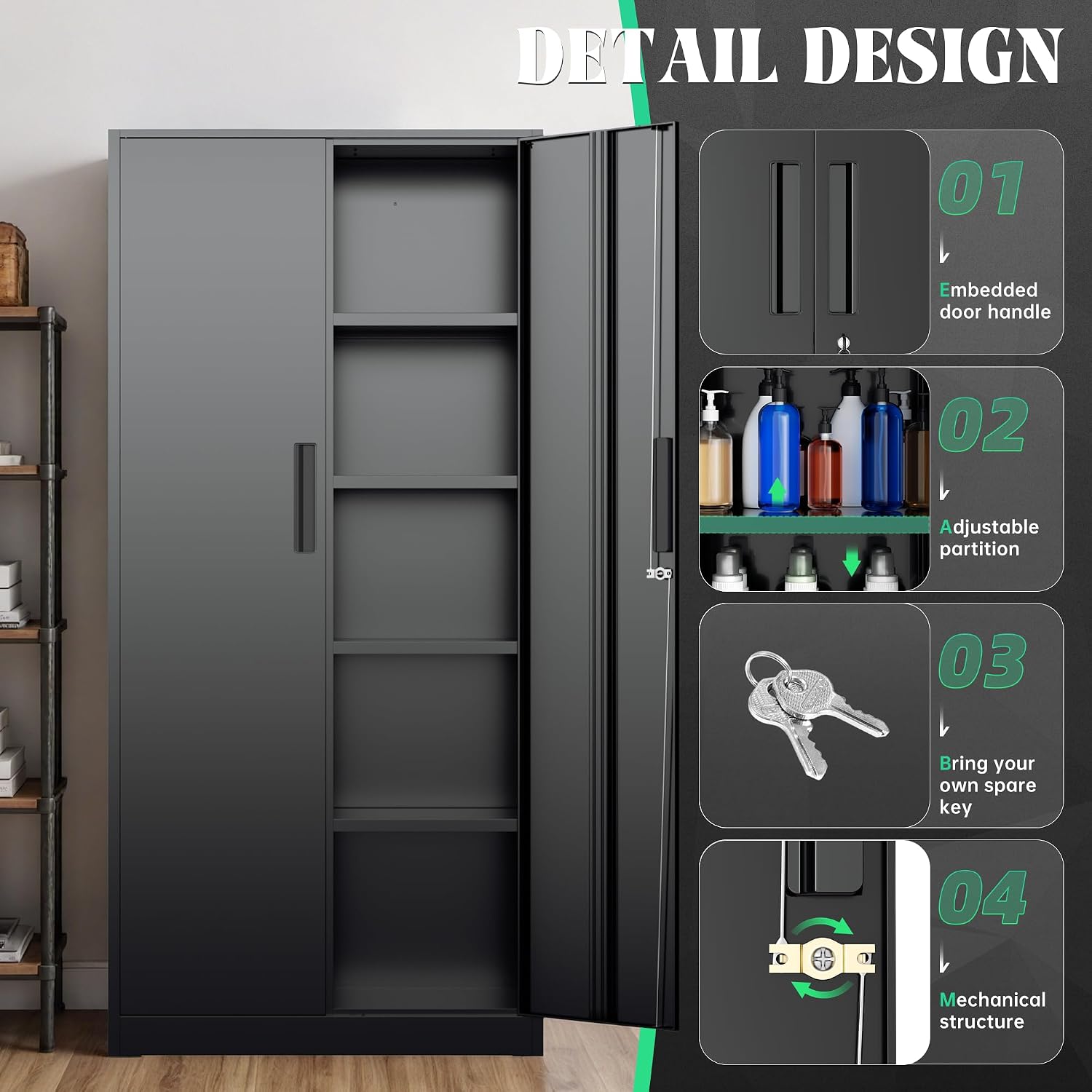 Oakcloud Metal Storage Cabinet Tool Organizer, 72' Lockable Garage Storage Tool Cabinets with 2 Doors and 4 Adjustable Shelves, Locking File Cabinet for Office, Home, School (72' Standard-Black)