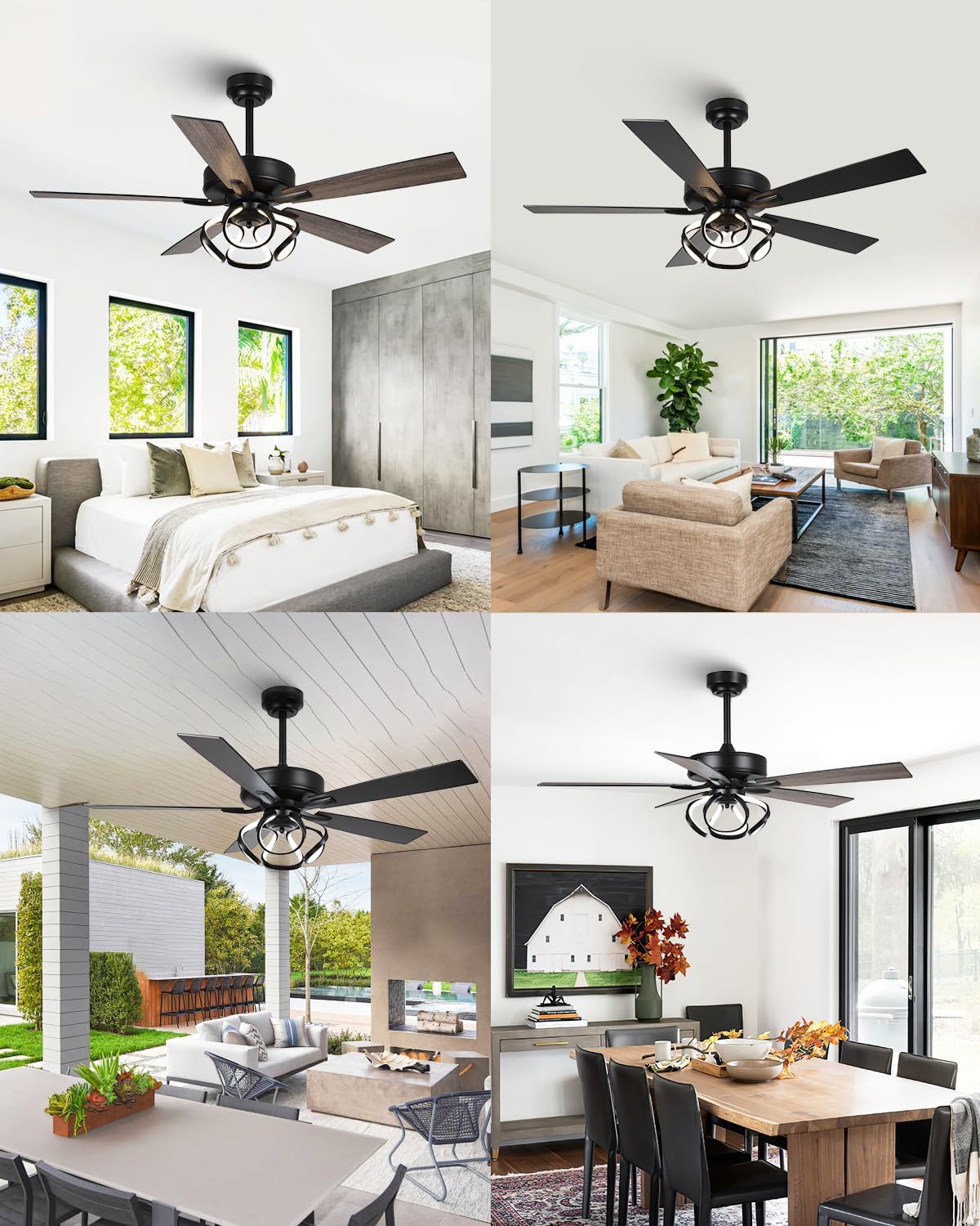 52 Inch Ceiling Fans with Lights, Creative Modern Black Ceiling Fan and Remote, Dimmable, 6 Speeds, Quiet, Dual-Sided Reversible 5 Blades Indoor Outdoor Chandelier Fan for Bedroom Living Room