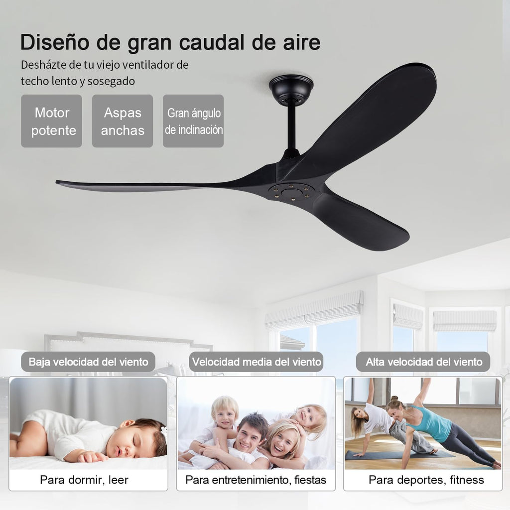 60 Inch Ceiling Fans without Lights, Black Ceiling Fans no Lights with Remote Control, 3 Solid Wood Blades, Indoor Outdoor Ceiling Fan for Patios Living Room