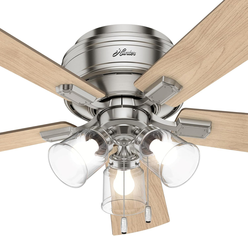 Hunter 52 inch Indoor Ceiling Fan with LED Lights and Pull Chain - Low Profile Flush Mount Ceiling Fan, 5 Blades, For Bedroom, Living Room, or Kitchen, Quiet - Crestfield 54209, Brushed Nickel