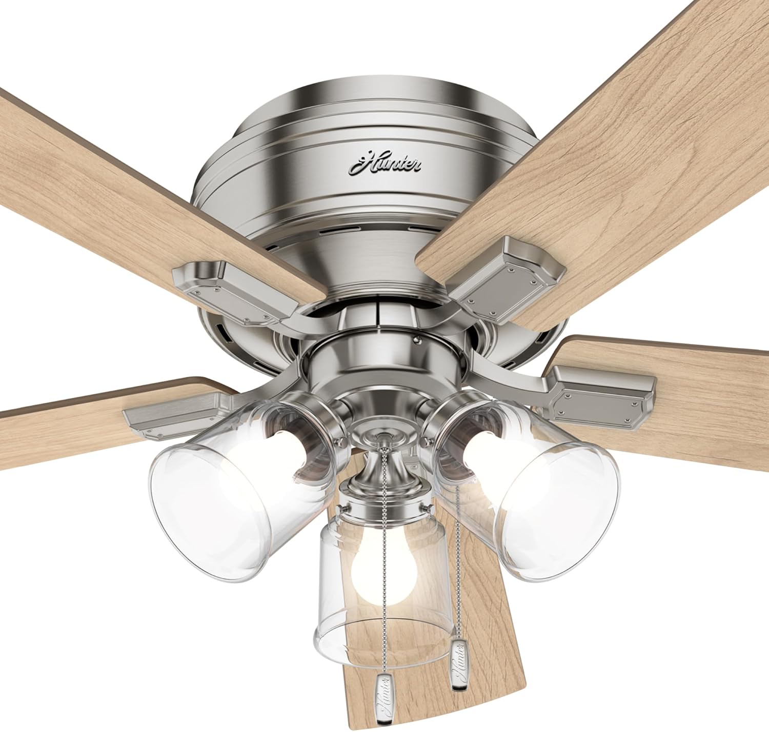 Hunter 52 inch Indoor Ceiling Fan with LED Lights and Pull Chain - Low Profile Flush Mount Ceiling Fan, 5 Blades, For Bedroom, Living Room, or Kitchen, Quiet - Crestfield 54209, Brushed Nickel