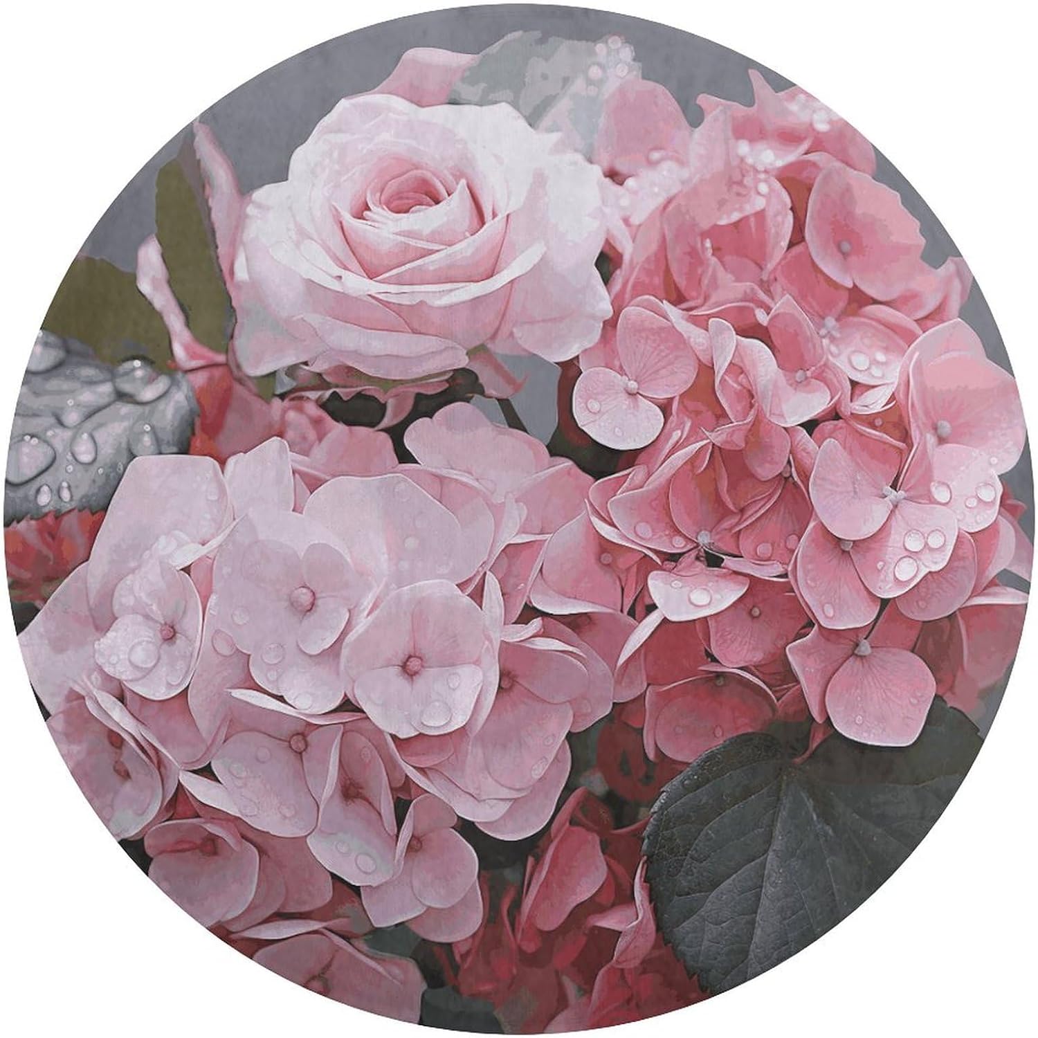 Pink Rose Hydrangea Coral Velvet Round Floor Mat Non-Slip Bath Rug Floor Covering for Bathroom Vanity Guest Suite & Vacation Home