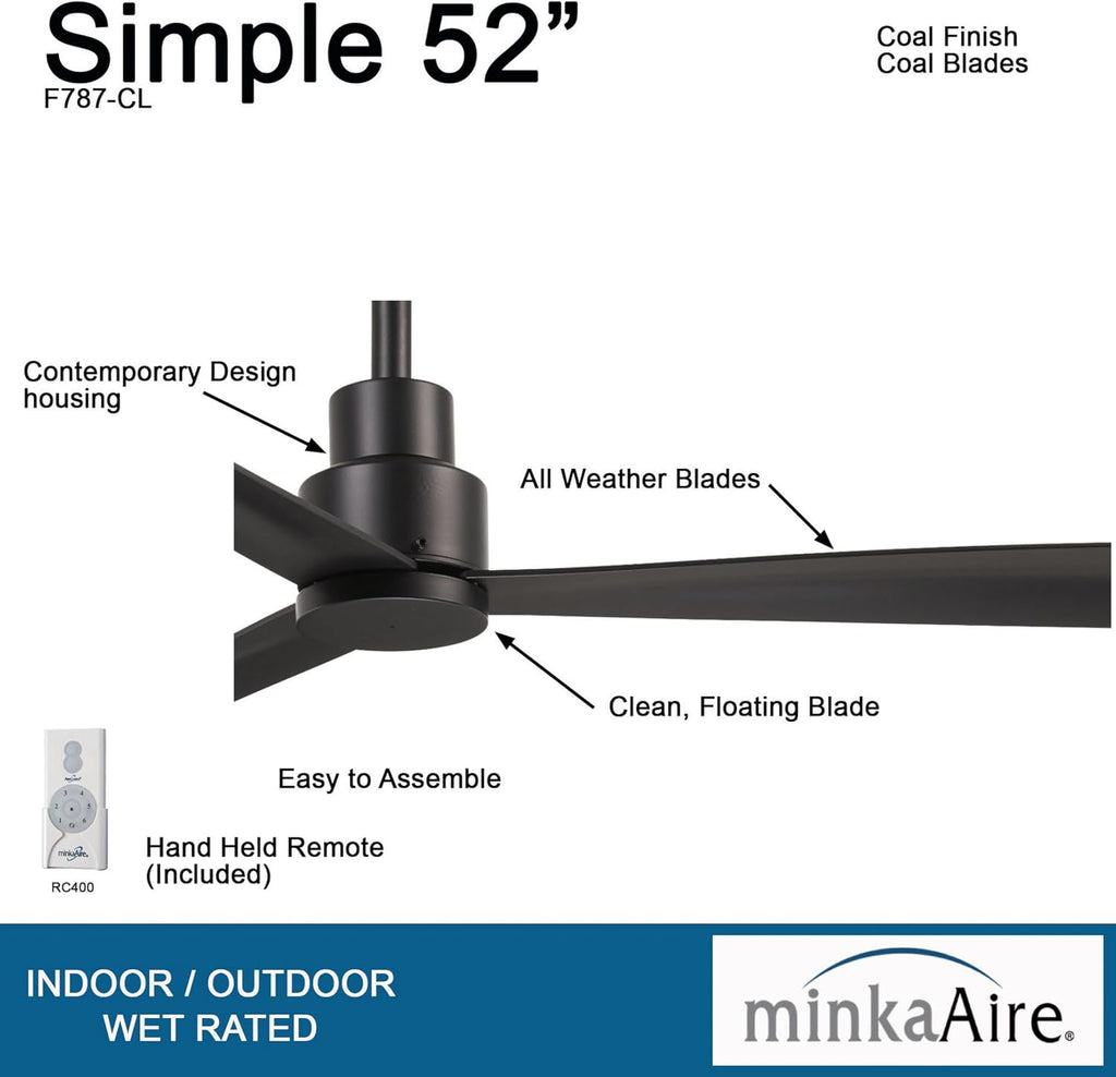 Minka-Aire F787-CL Simple 52 Inch Outdoor 3 Blade Ceiling Fan with DC Motor in Coal Finish
