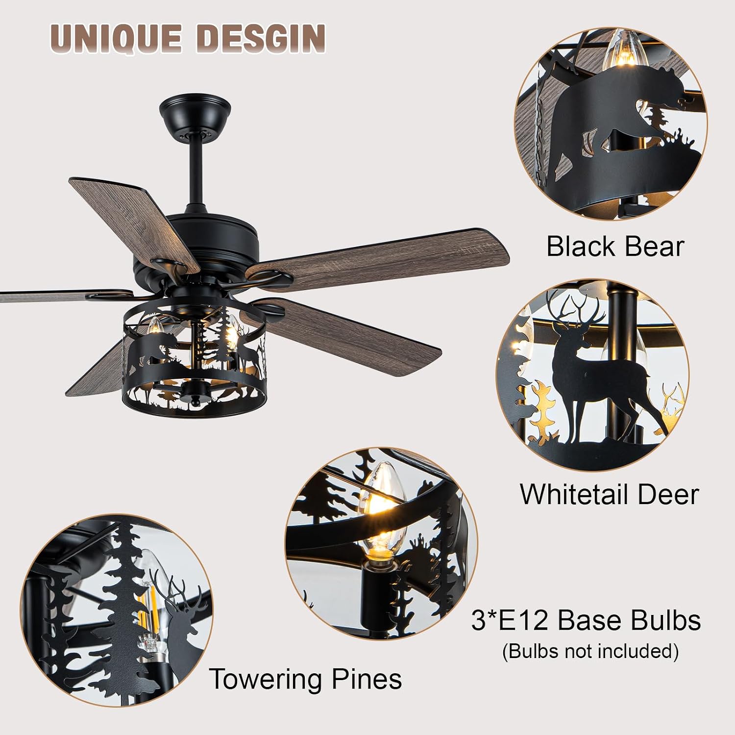 52' Farmhouse Ceiling Fan with Light and Remote, Rustic Fandelier Ceiling Fan with Deer & Bear Cut-out Drum Cage, Quiet Reversible DC Motor for Bedroom, Living Room, Kitchen, Black