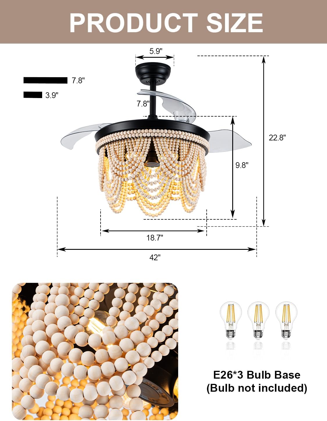 42 Inch Boho Retractable Ceiling Fan with Lights Boho Fandelier Ceiling Fan Wood Beaded Coastal Chandelier, 6 Speeds Reversible Quiet DC Motor 3 E26 for Bedroom Living Room