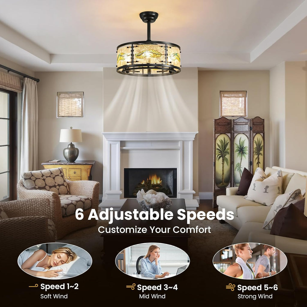 AIJIASI 20' Black Caged Ceiling Fan with Lights, Fandelier Ceiling Fan with Lights Remote Control, 6 Speeds Mid Century Chandelier Ceiling Fan for Bedroom Living Room Nursery