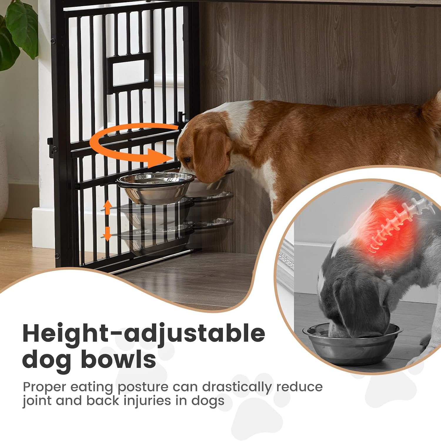 32 Inch Heavy Duty Dog Crate Furniture for Medium/Small Dogs, Decorative Pet House End Table with 3 Doors & Adjustable Bowls, Wooden Cage Kennel Furniture Indoor, Rustic Grey