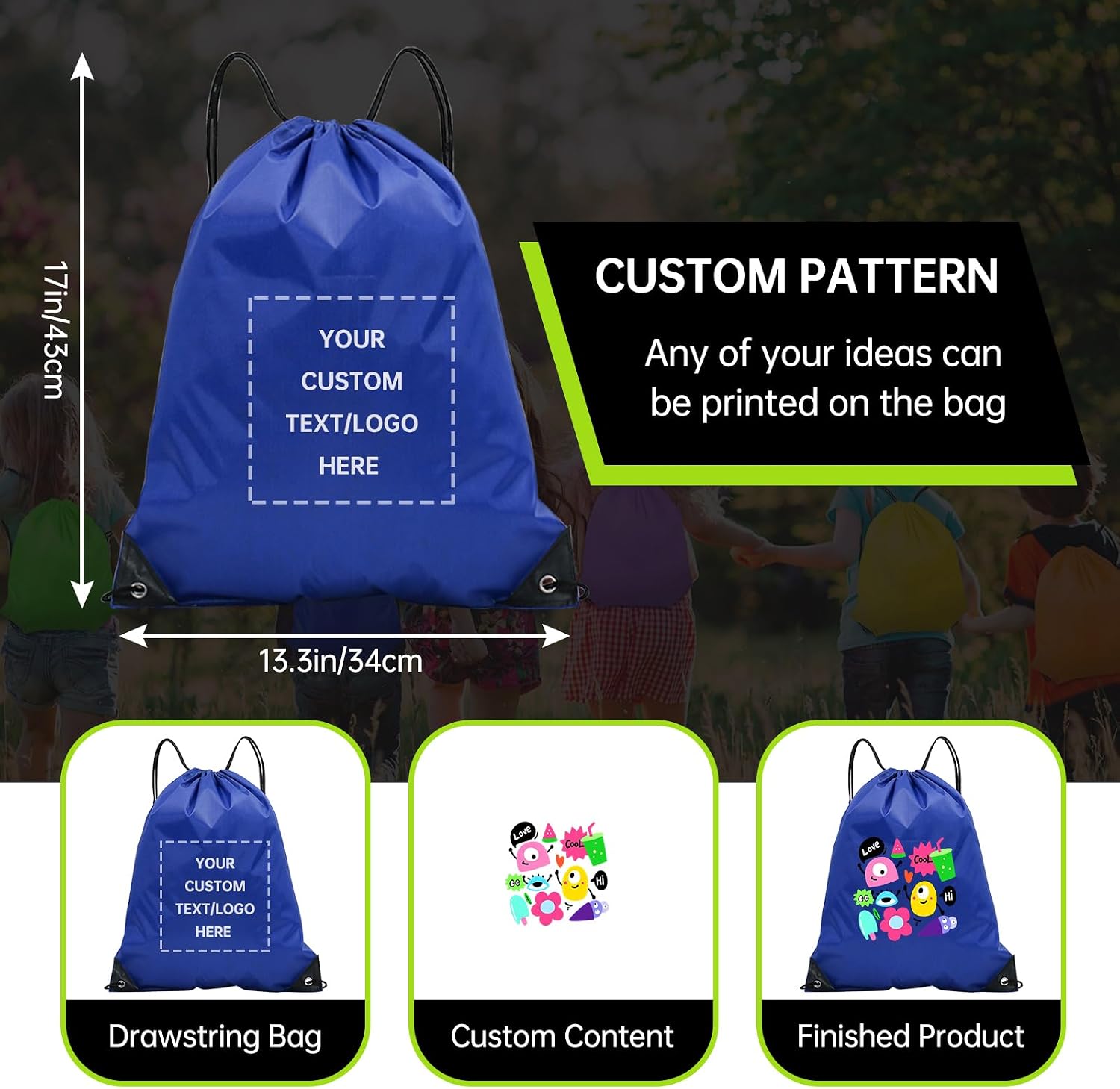 JEOHLORY pack of 100 Custom Bags With Your Logo,customized backpack,promotional items,Drawstring Backpacks,Great for Everyday Use (Custom Treasure Blue)