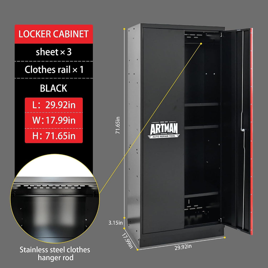 Pre-Assembled Garage Storage Cabinet System, No Assembly Required, 6-Piece Workshop Cabinet Set in Black & Red with LED Lights, Wood Worktop, Key Locks, Adjustable Doors and Legs