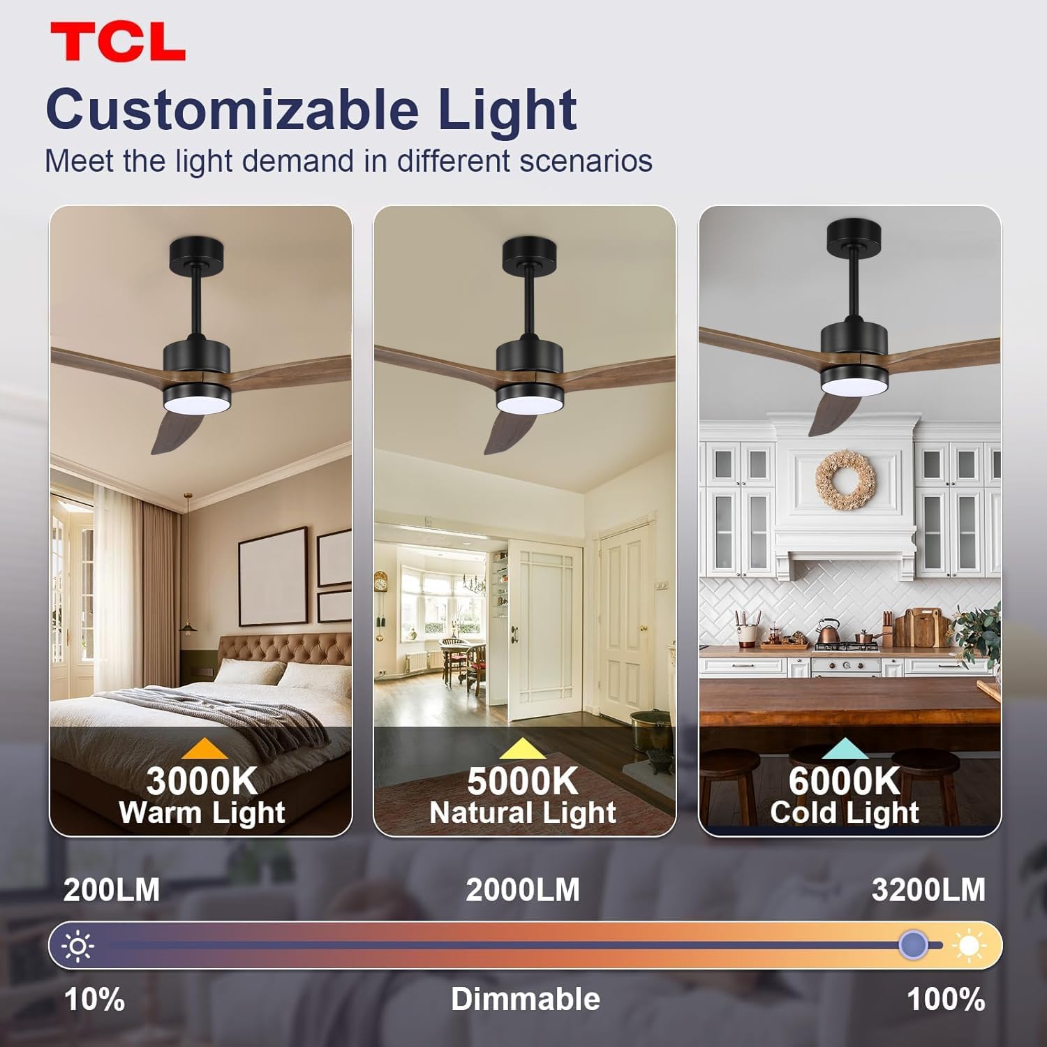TCL Ceiling Fans with Light and Remote: 52 inch 3 Wooden Blades 3 Dimmable LED Fan for Room Indoor Modern Farmhouse Decor - 6 Speed Memory DC Reversible Fan Lights (Brown, 52 Inch)