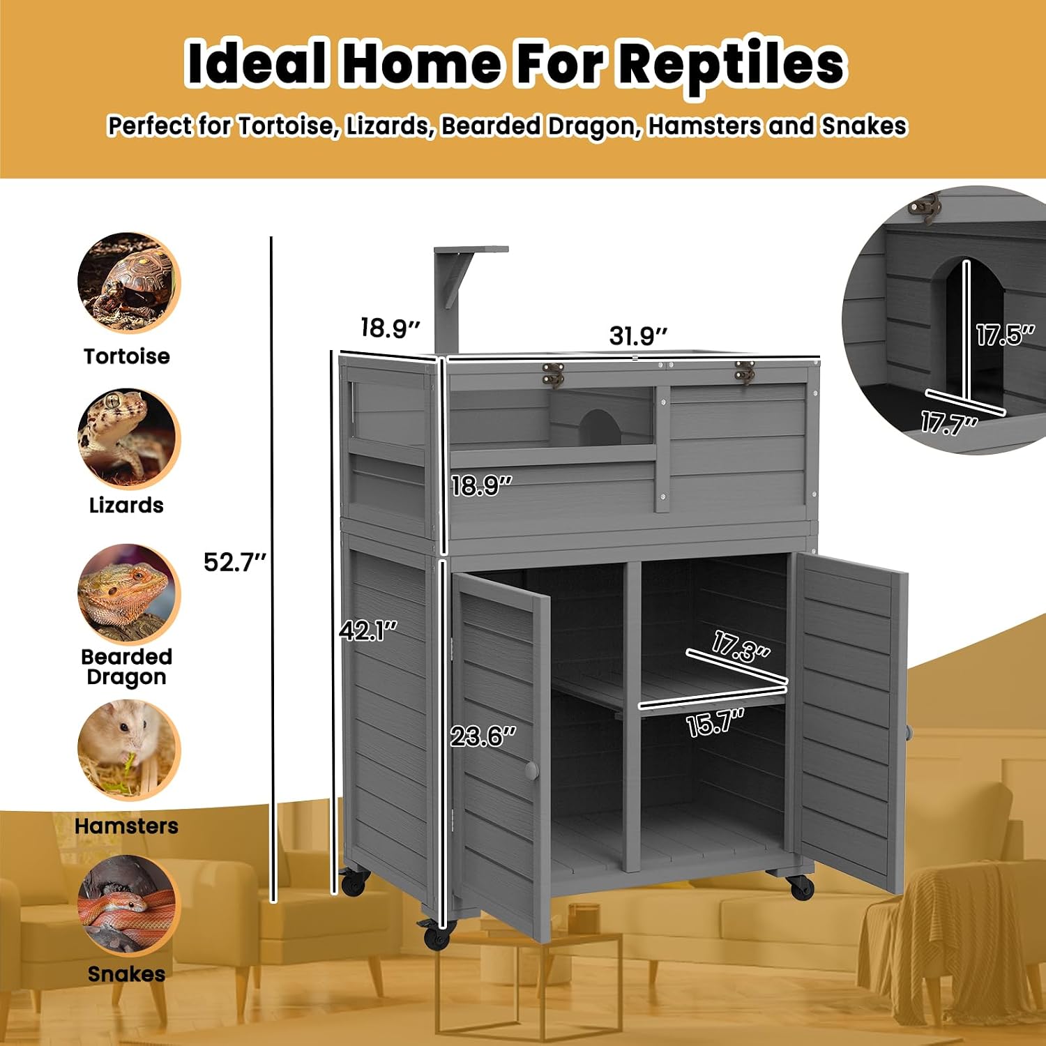 Wooden Tortoise Habitat with Storage and Wheels, Large Turtle Enclosure Cage with Lamp Holder & Easy-Clean Tray, Tortoise Enclosure Indoor & Outdoor, Reptile Enclosure with for Gecko, Lizard, Snake