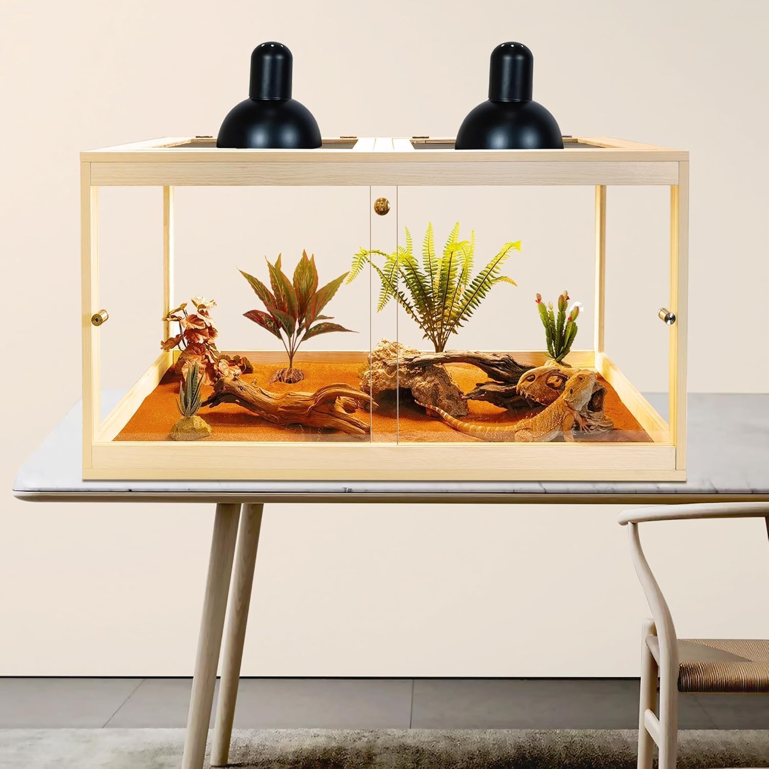 PROLEE Bearded Dragon Tank, Reptile Tank with Meatl Mesh Roof and Front Sliding Door, Lizard Tank,Spacious Reptile Enclosure for Snakes,Lguanas, Chameleons (Oak, 30 Gallons)