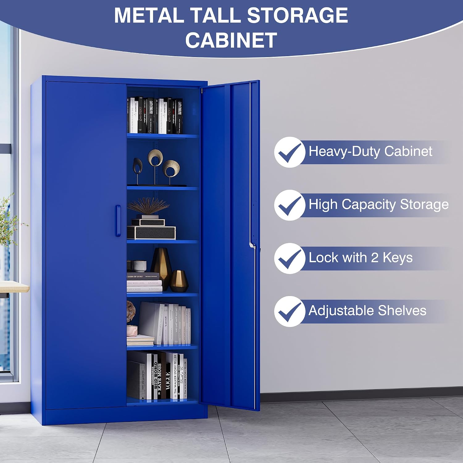 Metal Cabinet with Lock, Tall Storage Cabinet with Door and Adjustable Shelves,Blue Steel Storage Cabinets for Garage,Home Office,Pantry,School,Hospital