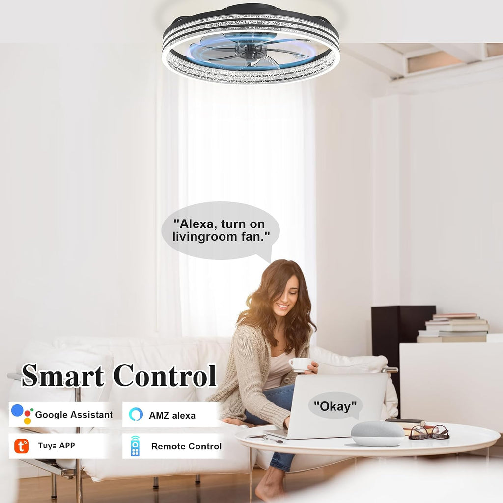 Smart Ceiling Fans with Lights Remote - WiFi Alexa 20'' Flush Mount Low Profile Modern Ceiling Fans for Bedroom -Stepless Color Temperature and 6 Speeds - Crystal Stripe
